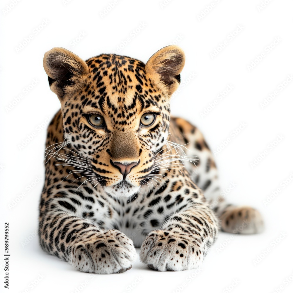 A serene leopard resting gracefully, showcasing its stunning coat of spots and striking eyes, embodying the beauty of nature.