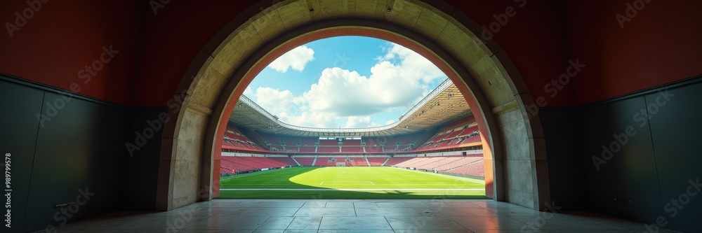 A stunning view of a vibrant stadium from the entrance, showcasing the lush green field and bright sky, perfect for sports, events, and entertainment promotional materials. A stunning view of a vibrant stadium from the entrance, showcasing the lush green field and bright sky, perfect for sports, events, and entertainment promotional materials.