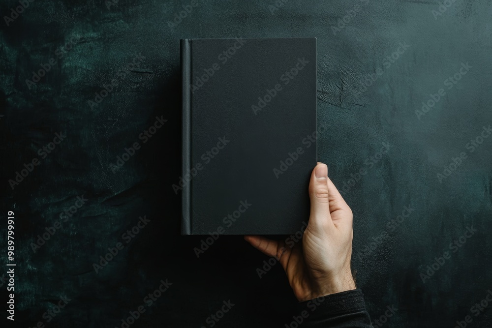 Naklejka premium Hand holding a minimalist journal against dark backgrounds showcasing sleek modern design and captivating visual impact