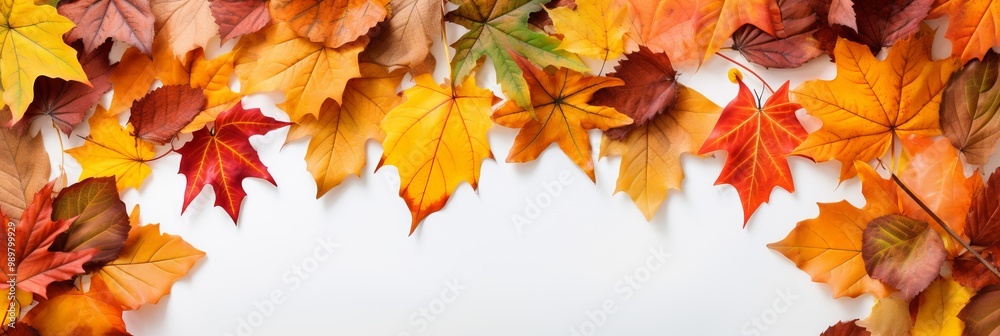 Colorful autumn leaves arranged on a white surface creating a seasonal decoration