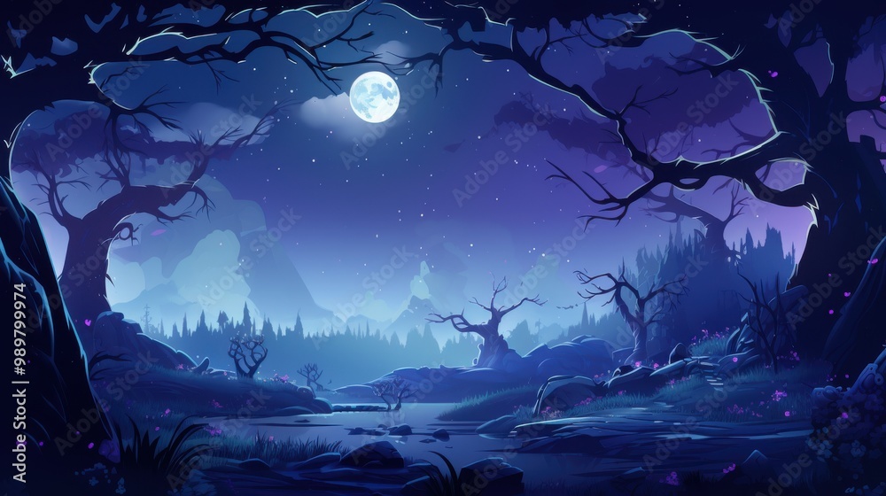 A Serene Nighttime Forest Scene with a Full Moon and a Silhouetted River A Serene Nighttime Forest Scene with a Full Moon and a Silhouetted River