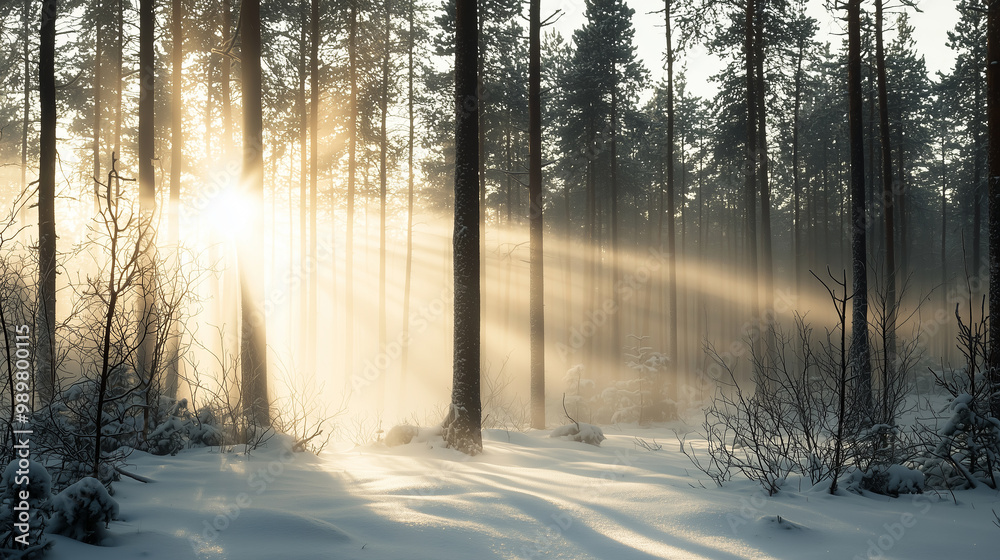 A serene winter morning in a pine forest, with sunlight breaking through the mist and illuminating the snow-covered ground. A serene winter morning in a pine forest, with sunlight breaking through the mist and illuminating the snow-covered ground.