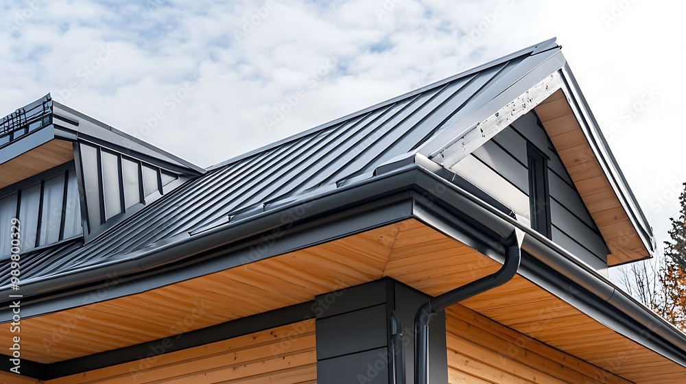 Fototapeta premium Modern Home with Metal Roof and Wooden Accents