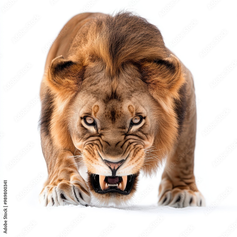 Fototapeta premium Majestic lion in a powerful pose, showcasing strength and fierce beauty. Perfect for wildlife photography enthusiasts.