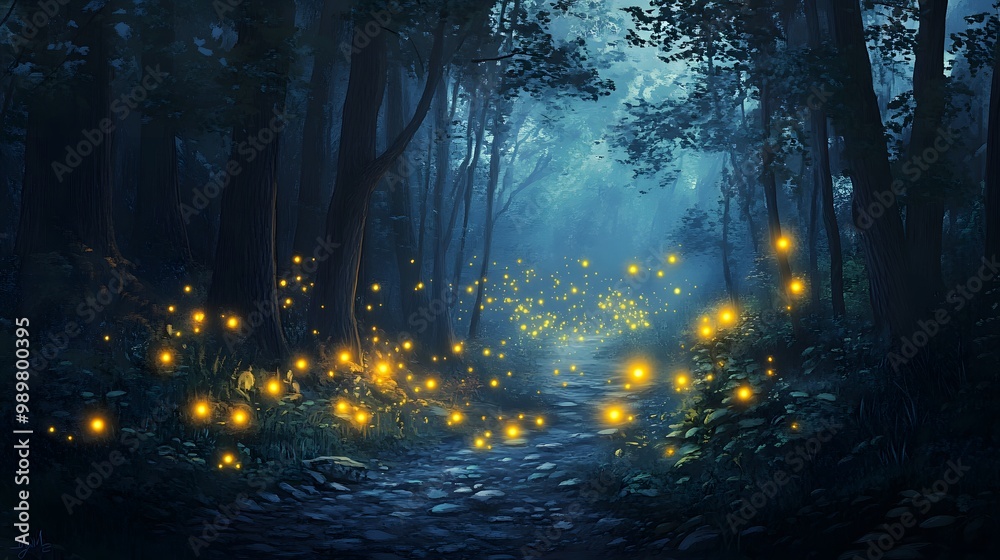 86. A magical scene of fireflies dancing in a twilight forest 86. A magical scene of fireflies dancing in a twilight forest