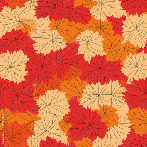 Autumn Leaves Seamless Pattern: Red and Orange Foliage on Light Background