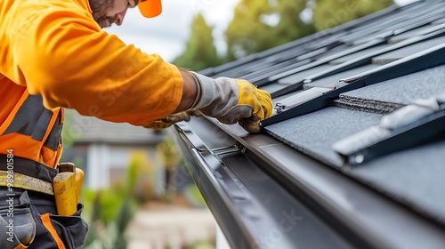 Rooftop Workman Installing Gutter