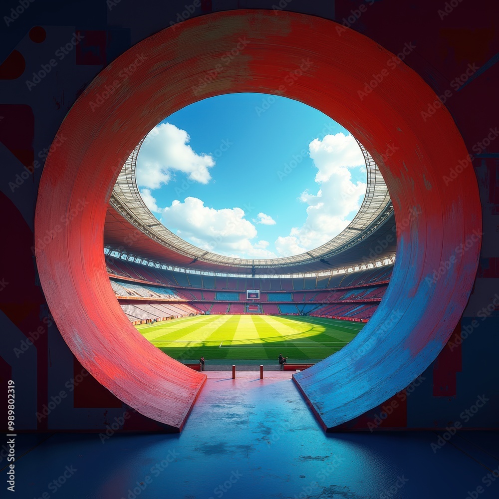 Obraz premium Experience the thrill of game day with this vibrant view of a stadium through a colorful tunnel, capturing the excitement and energy of live sports.
