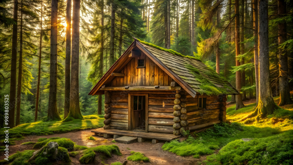 serene wooden retreat amidst the lush greenery of a sunlit forest. Sun rays peeking through the tall pines onto an enchanting forest cabin. serene wooden retreat amidst the lush greenery of a sunlit forest. Sun rays peeking through the tall pines onto an enchanting forest cabin.