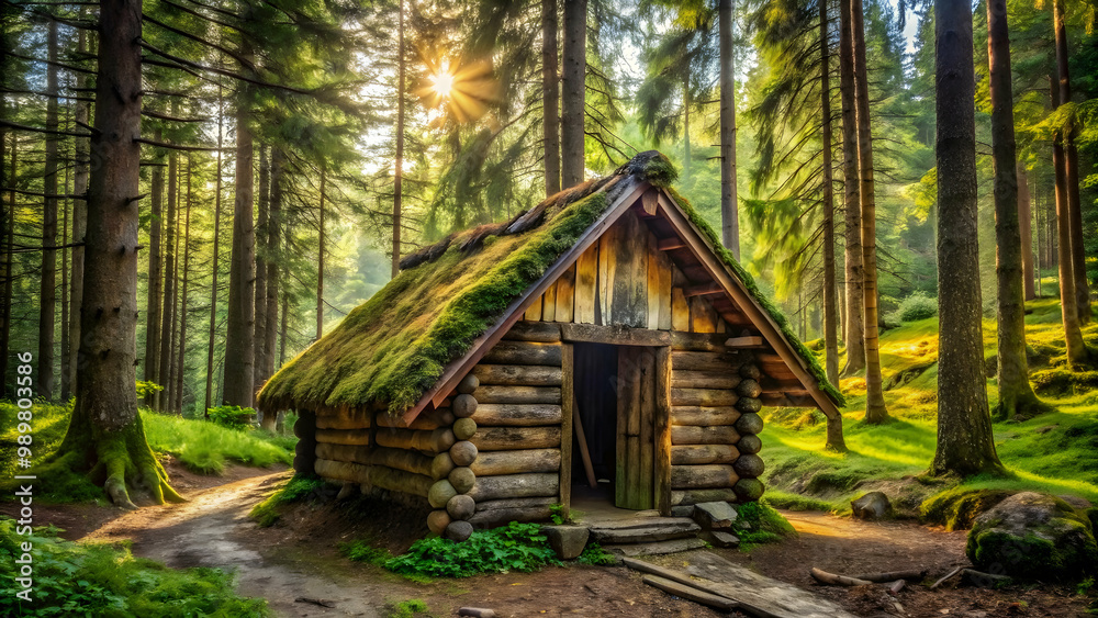 serene wooden retreat amidst the lush greenery of a sunlit forest. Sun rays peeking through the tall pines onto an enchanting forest cabin. serene wooden retreat amidst the lush greenery of a sunlit forest. Sun rays peeking through the tall pines onto an enchanting forest cabin.