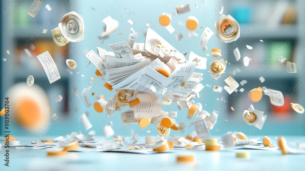 Financial Documents in Motion with Coins and Bills Financial Documents in Motion with Coins and Bills