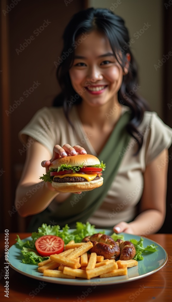A joyful woman presents a delicious hamburger with fries and salad, highlighting the joy of dining and culinary enjoyment. A joyful woman presents a delicious hamburger with fries and salad, highlighting the joy of dining and culinary enjoyment.
