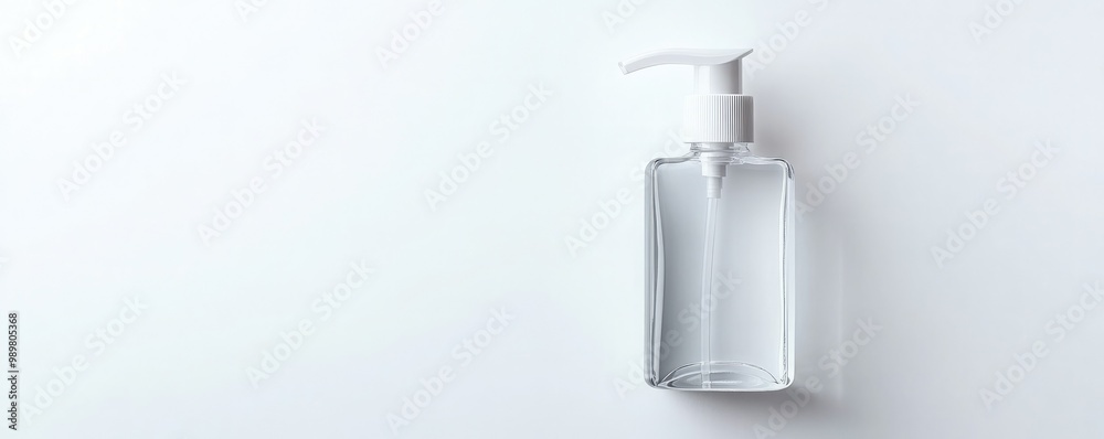 A sleek, transparent bottle with a pump, containing a clear liquid, placed on a minimalist white background. A sleek, transparent bottle with a pump, containing a clear liquid, placed on a minimalist white background.