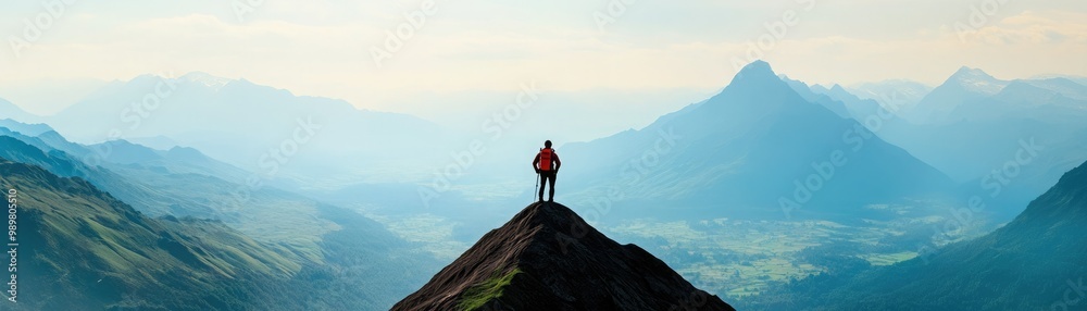 Fototapeta premium A lone hiker stands triumphantly on a mountain peak, surrounded by breathtaking valleys and distant peaks under a clear sky.