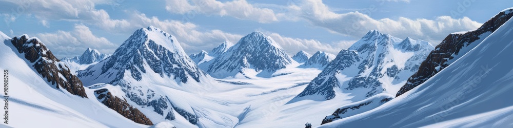 Fototapeta premium Breathtaking snow-covered mountain range beneath blue sky with clouds, winter landscape concept