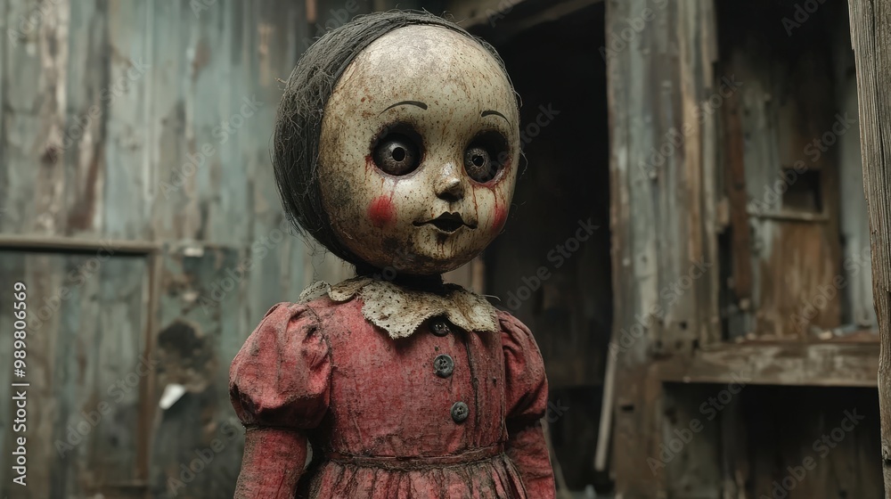 Antique doll with a haunting expression, weathered background Antique doll with a haunting expression, weathered background