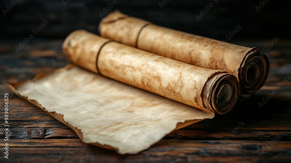 Ancient scrolls and parchment on wooden table, showcasing historical significance. Ancient scrolls and parchment on wooden table, showcasing historical significance.
