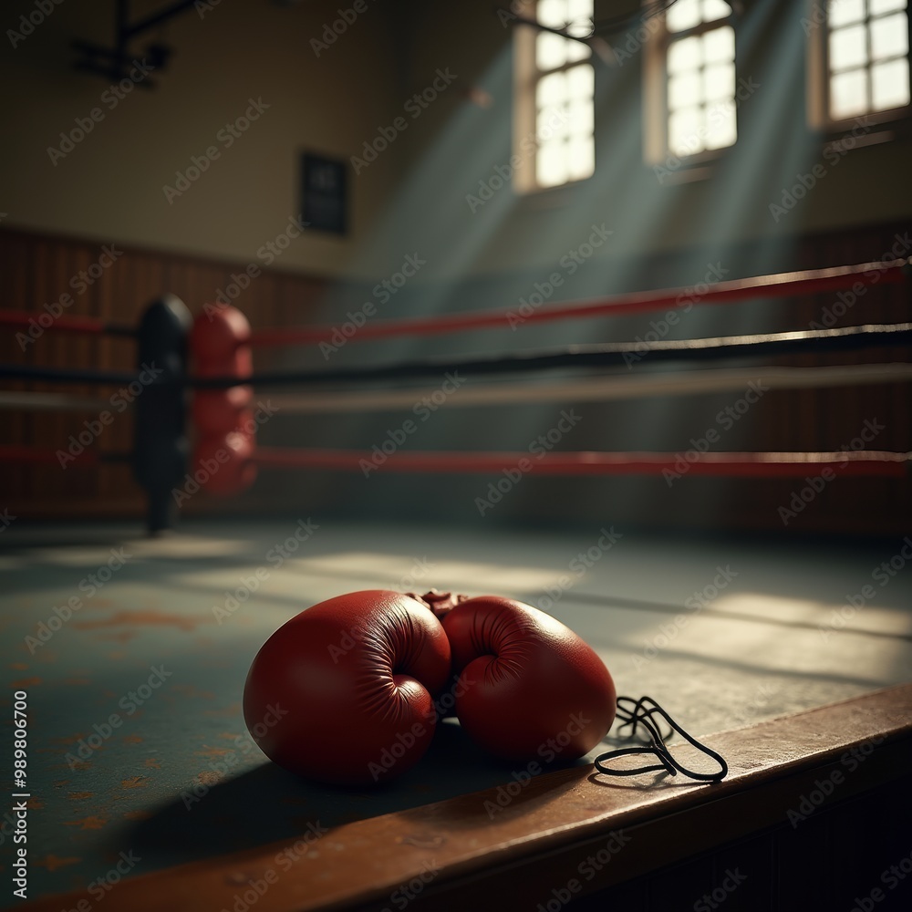 Fototapeta premium Glowing sunlight streams into a boxing ring, highlighting a pair of red boxing gloves on the ground, evoking a sense of determination and the spirit of sport.