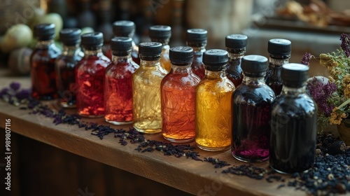 Colorful bottles filled with assorted liquids on a rustic wooden table.