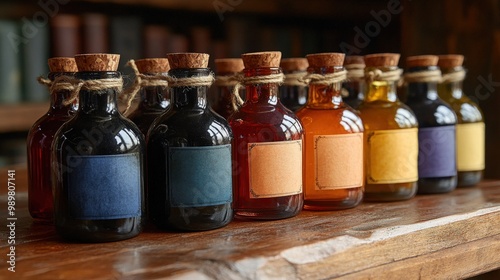 Colorful glass bottles filled with assorted syrups on a wooden surface.