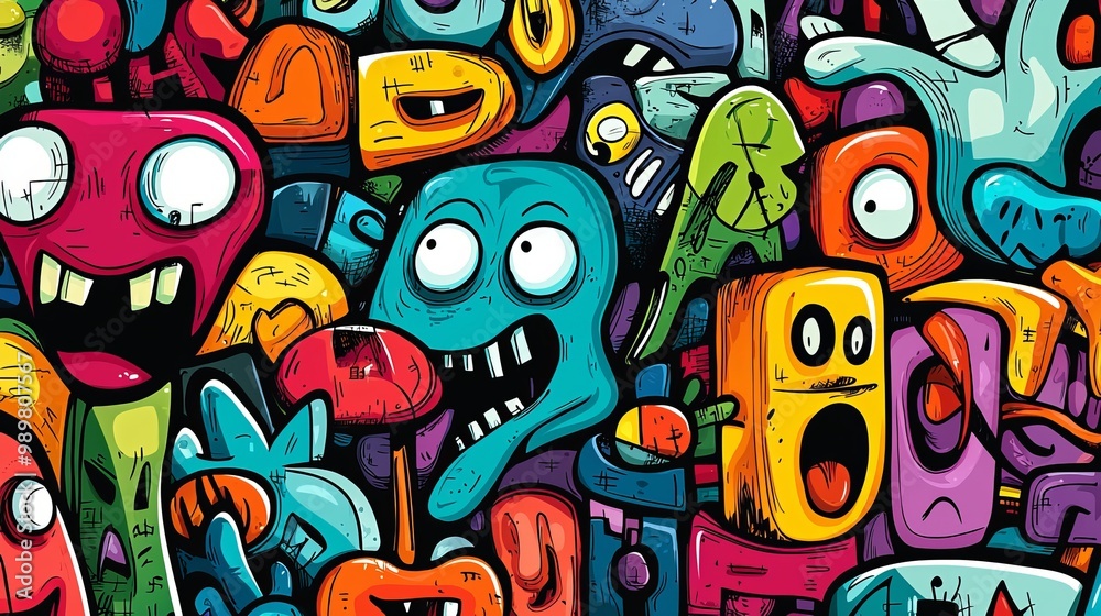 Cartoon-style graffiti wall with exaggerated characters, whimsical shapes Cartoon-style graffiti wall with exaggerated characters, whimsical shapes