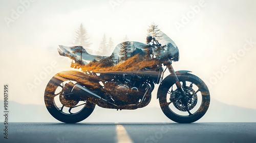 A stunning motorcycle with a scenic overlay, capturing the essence of adventure and freedom on the open road. photo