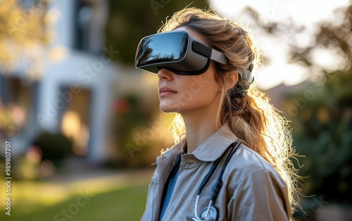 A doctor, wearing a virtual reality headset, stands outdoors, gazing into the digital world. The warm sunlight illuminates her face, highlighting the advanced technology she utilizes, suggesting a fut photo