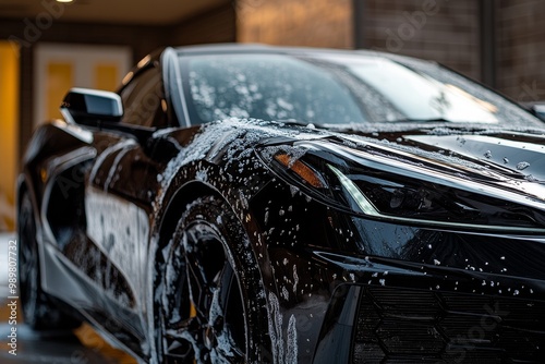 Black sports car receiving foam wash in a sleek garage during the day, showcasing high-quality automotive detailing process