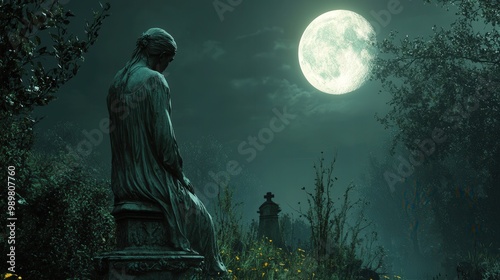 Eerie statue under luminous moonlight in a hauntingly serene landscape.