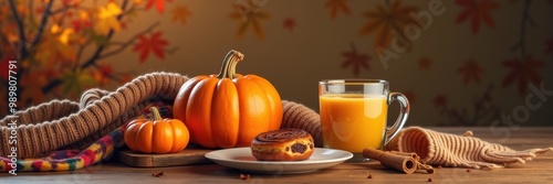 A cozy autumn scene featuring pumpkins, warm drinks, and seasonal treats, perfect for fall-themed marketing, culinary projects, or festive decoration. photo