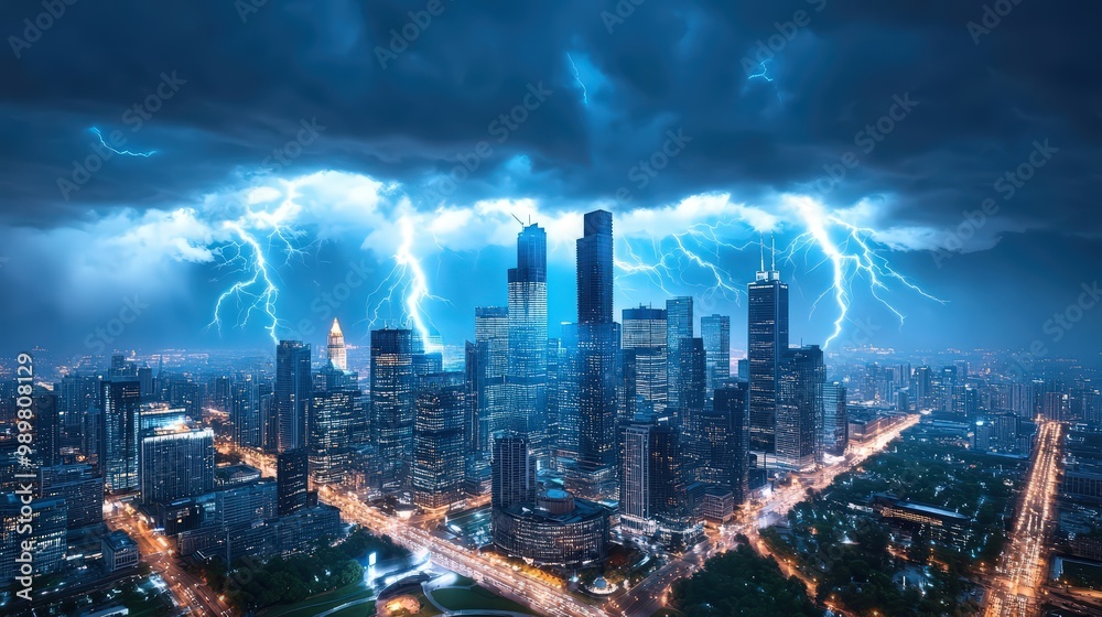 Fototapeta premium Dramatic Thunderstorm Over Urban Cityscape