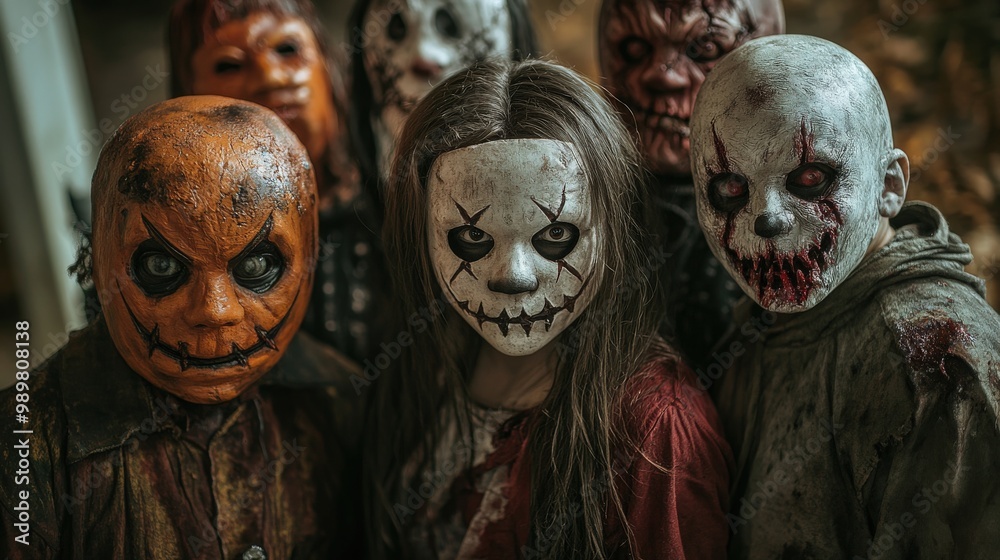 Group of children wearing eerie masks, conveying a spooky Halloween vibe. Group of children wearing eerie masks, conveying a spooky Halloween vibe.