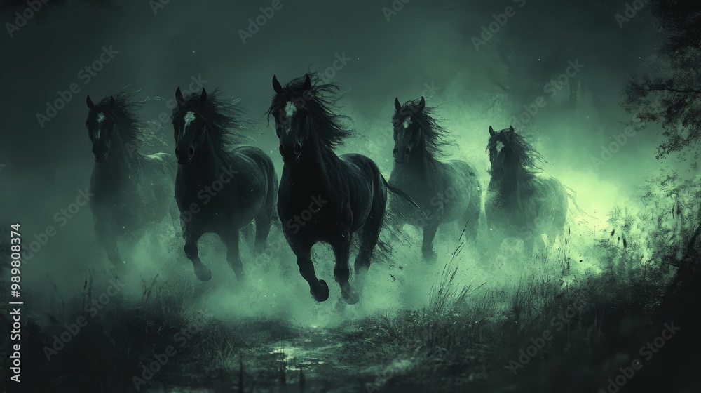 Horses running through fog in a dark, mystical setting. Horses running through fog in a dark, mystical setting.