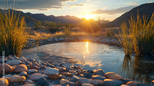 Sunset over a serene pond surrounded by pebbles and grass, capturing the beauty of nature in a tranquil setting. photo