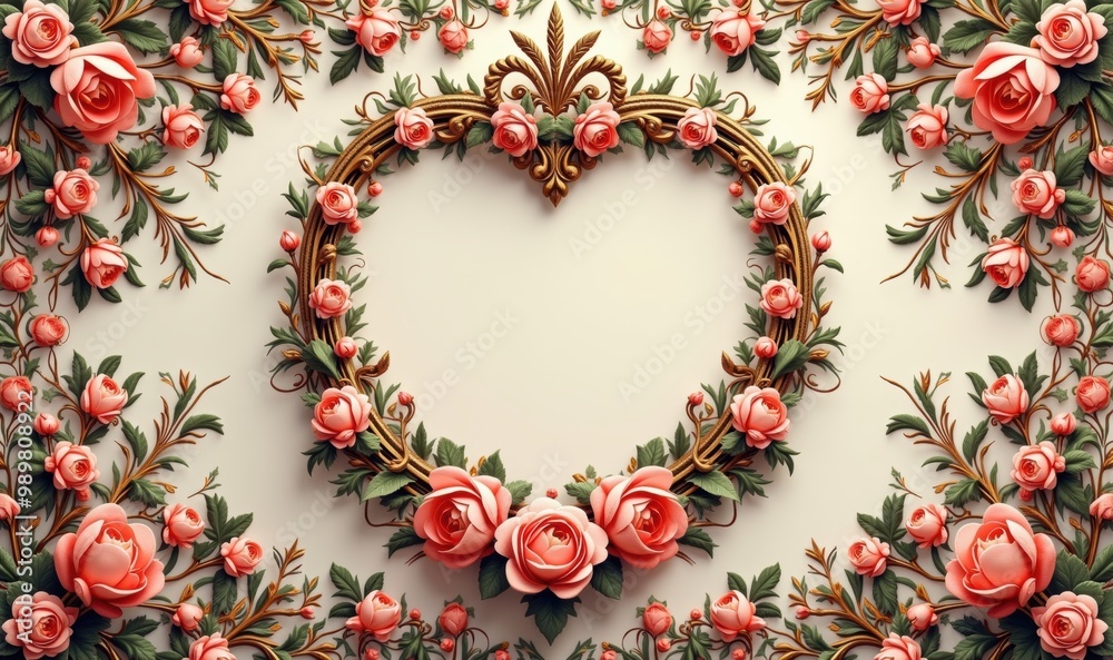 A beautifully crafted floral heart frame featuring pink roses and intricate details, perfect for romantic or celebratory themes in design projects. A beautifully crafted floral heart frame featuring pink roses and intricate details, perfect for romantic or celebratory themes in design projects.