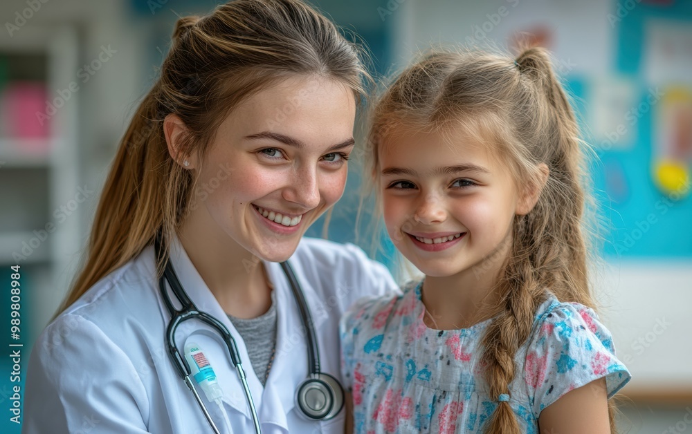A joyful moment shared between a young girl and her doctor, representing trust, comfort, and the warmth of healthcare while promoting the significance of caring relationships in medicine. A joyful moment shared between a young girl and her doctor, representing trust, comfort, and the warmth of healthcare while promoting the significance of caring relationships in medicine.