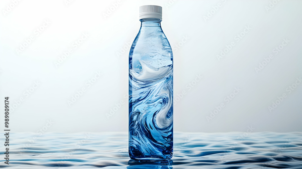 A refreshing water bottle with a swirl design, placed on a watery surface, showcasing clarity and freshness. A refreshing water bottle with a swirl design, placed on a watery surface, showcasing clarity and freshness.