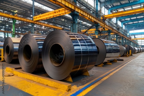 Steel rolls, industrial warehouse, bright lighting, yellow cranes, vast space