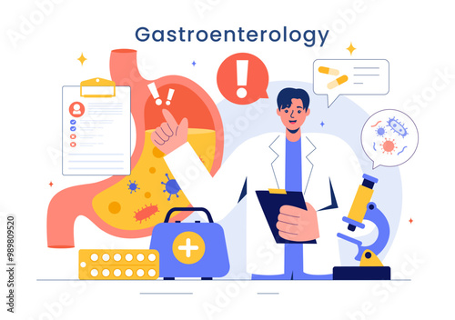Stomach Health Gastroenterology Vector Illustration Featuring Abdominal Pain and Medical Research for Healthcare in a Flat Style Cartoon Background