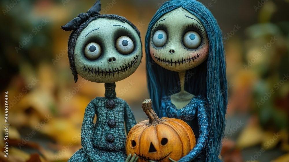 Two whimsical dolls holding a pumpkin in an autumn setting with colorful leaves. Two whimsical dolls holding a pumpkin in an autumn setting with colorful leaves.