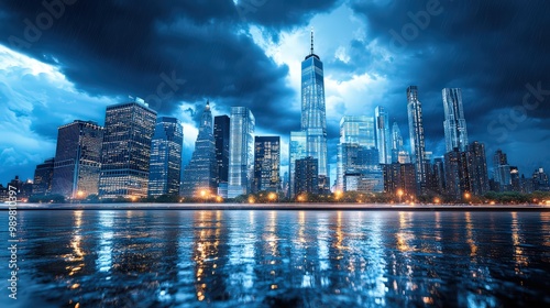 Stormy Clouds Over Urban Skyline at Dusk