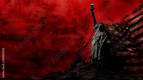 Dark and eerie landscape, the American flag faded and torn