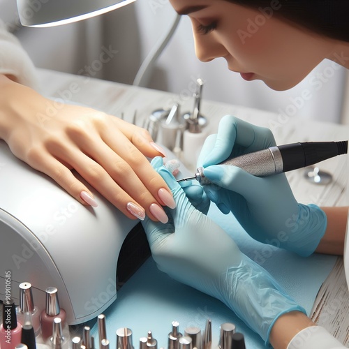  Manicurist in process of removing gel polish or acrylic from nails usingmanicure machine. Process of hardware manicure in the salon.Nail manicure process in a beauty salon. Nail beauty salon.