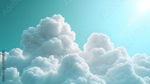 Fluffy white clouds against a serene blue sky, creating a tranquil atmosphere with soft sunlight filtering through. photo