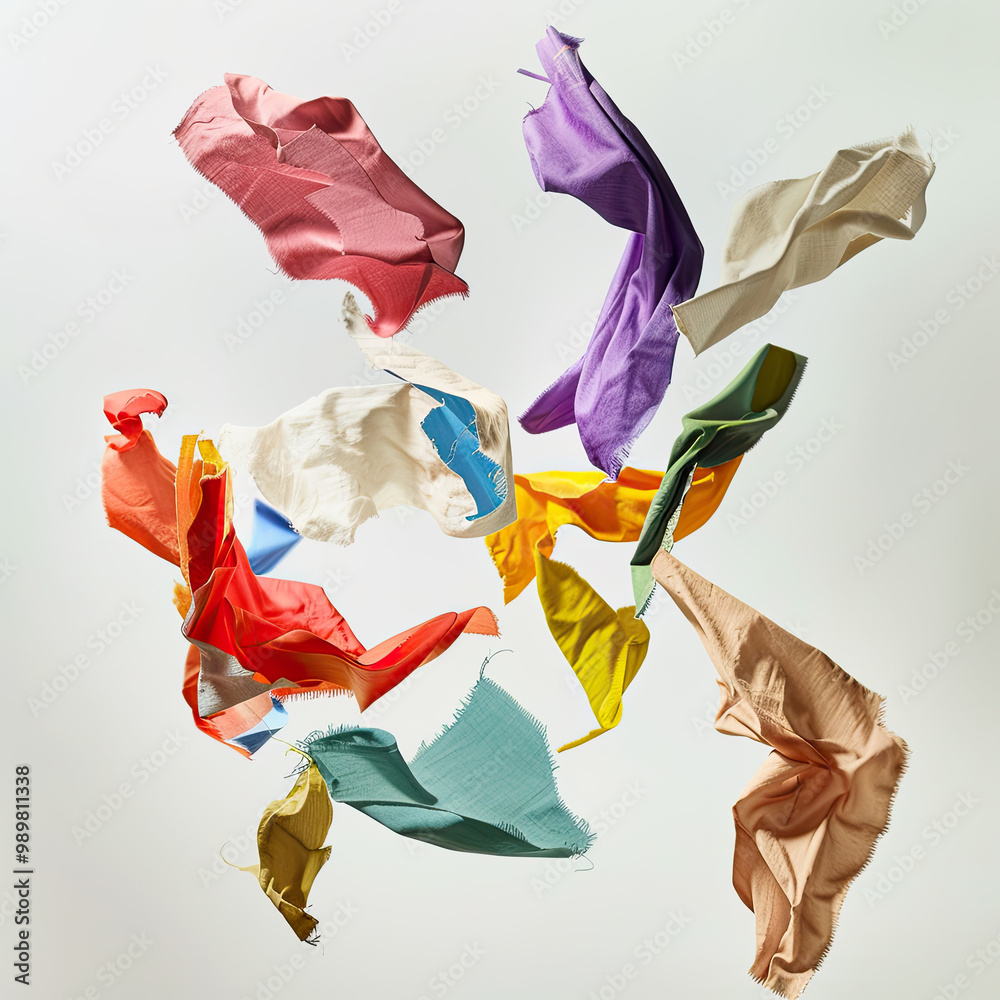 Close-Up of Colorful Fabric Scraps Suspended Mid-Air with Gentle Shadows on White