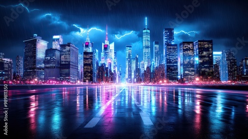 Thunderstorm Over Deserted Financial District at Night