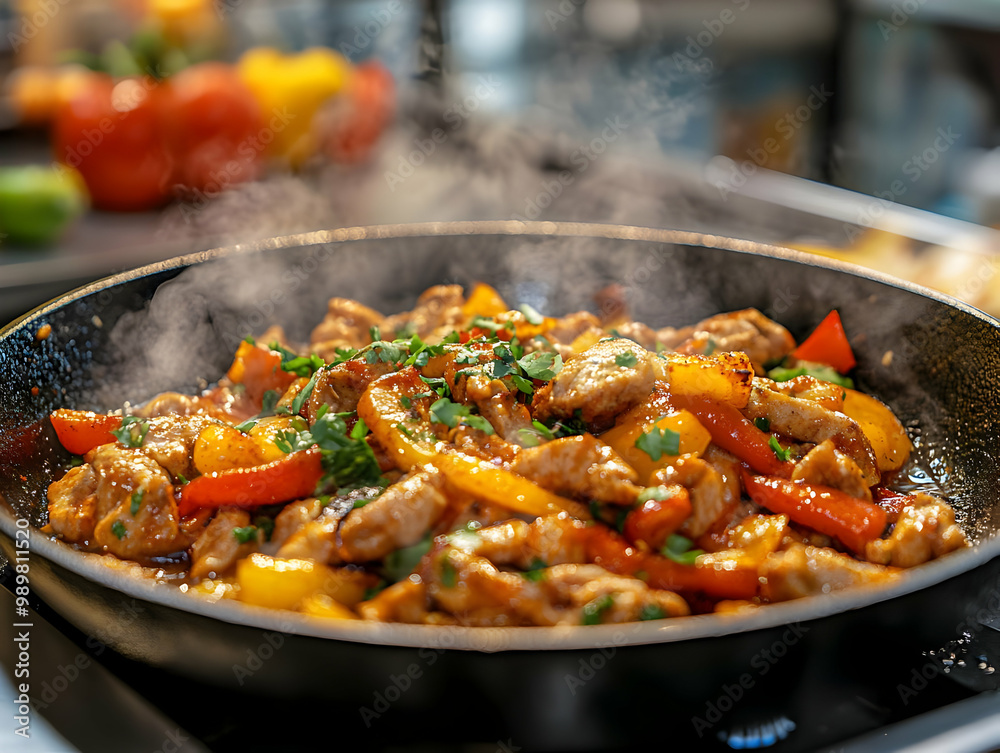A sizzling chicken dish with colorful bell peppers, garnished with fresh herbs, served in a frying pan, appetizing and vibrant. A sizzling chicken dish with colorful bell peppers, garnished with fresh herbs, served in a frying pan, appetizing and vibrant.