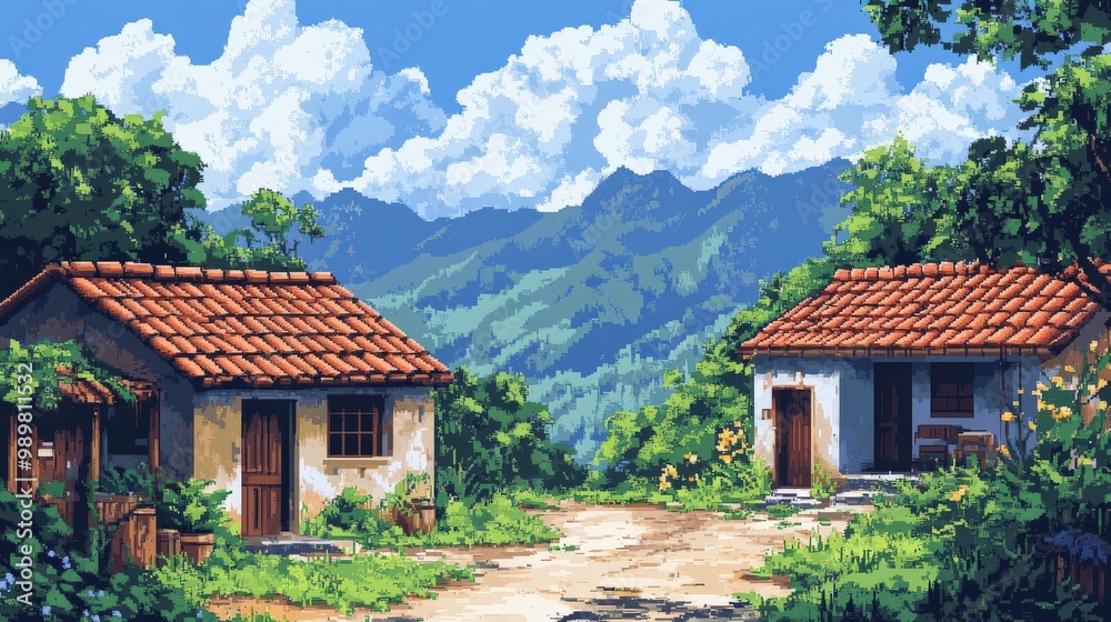 Pixel art of a rustic countryside house surrounded by nature