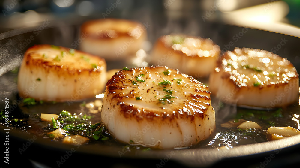 Deliciously seared scallops garnished with herbs, sizzling in a pan, ready to serve, showcasing culinary perfection. Deliciously seared scallops garnished with herbs, sizzling in a pan, ready to serve, showcasing culinary perfection.