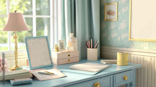 A serene workspace featuring a blue desk, lamp, and stationery, with natural light enhancing the cozy atmosphere.
